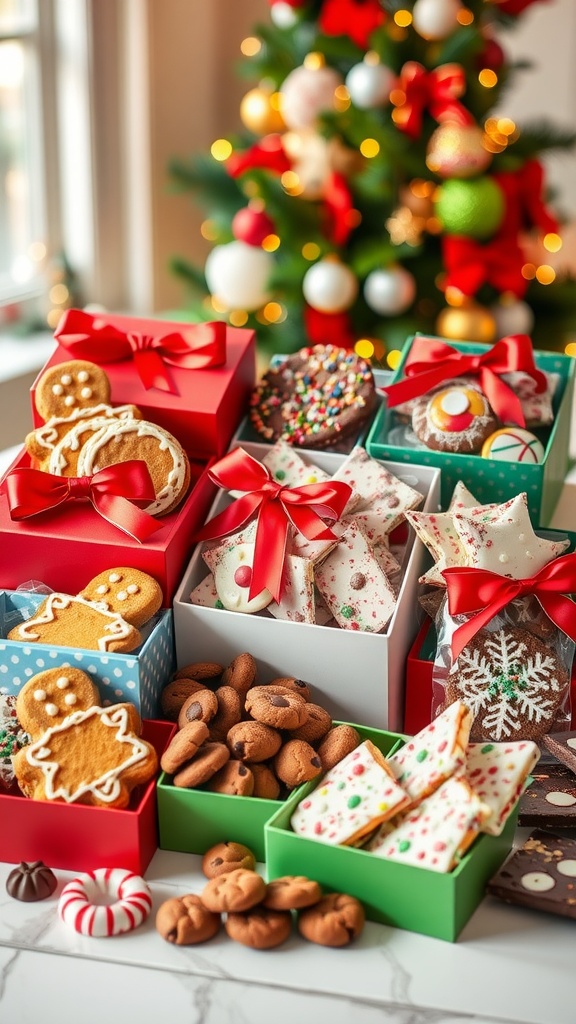 An assortment of Christmas baked goods in decorative boxes, including gingerbread cookies, chocolate chip cookies, and peppermint bark.